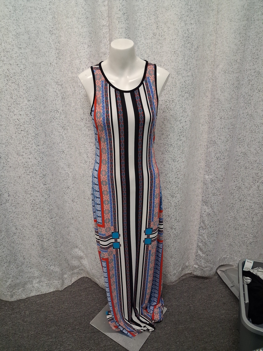 Bisou Bisou Black, White, Blue & Coral Striped Maxi Dress